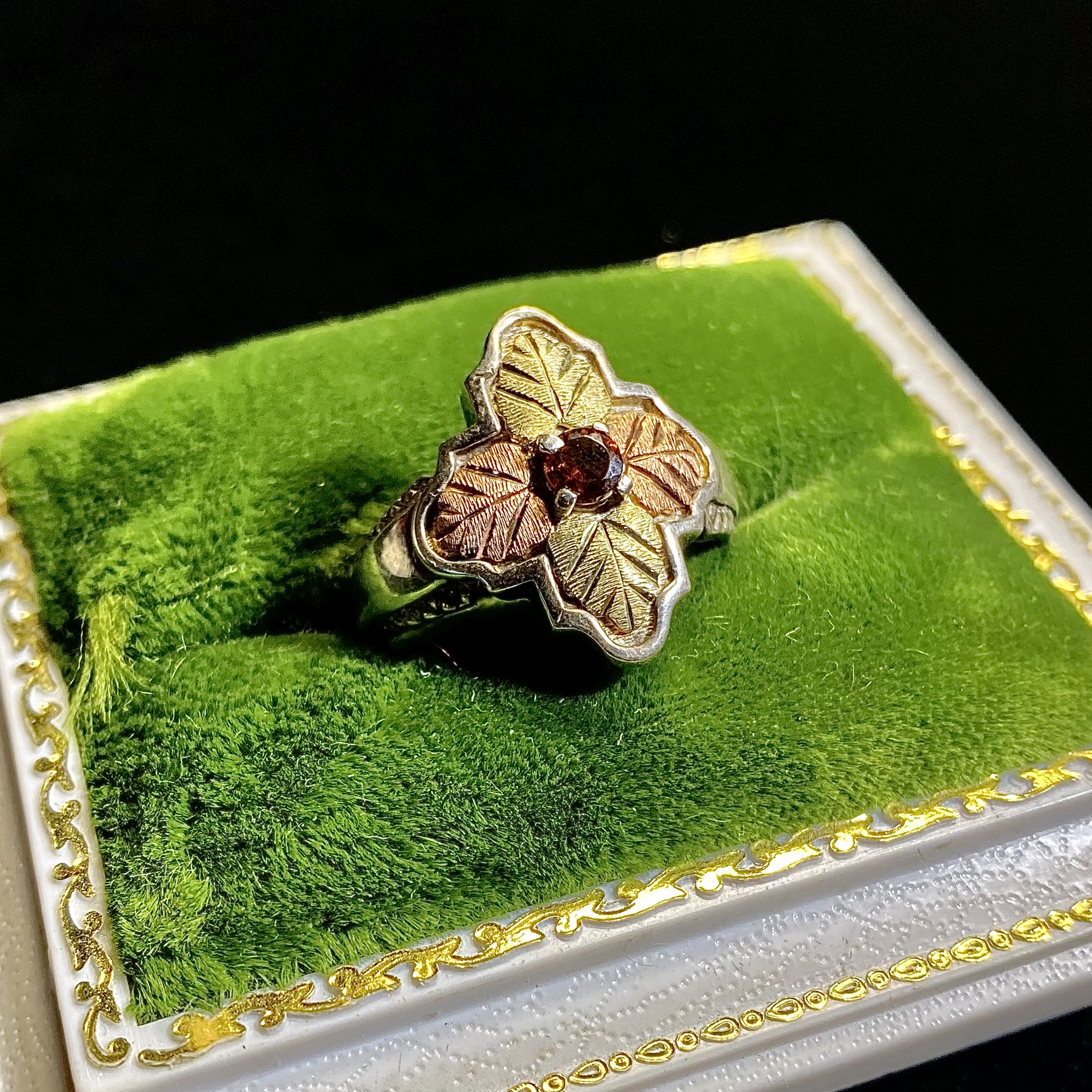 Tri Tone Yellow and Rose Gold Orange Sapphire Sterling Silver Ring - Image 1