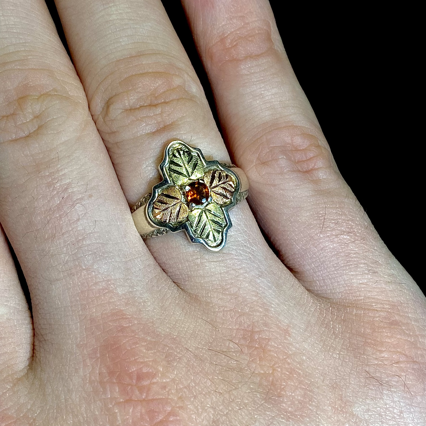 Tri Tone Yellow and Rose Gold Orange Sapphire Sterling Silver Ring - Image 2