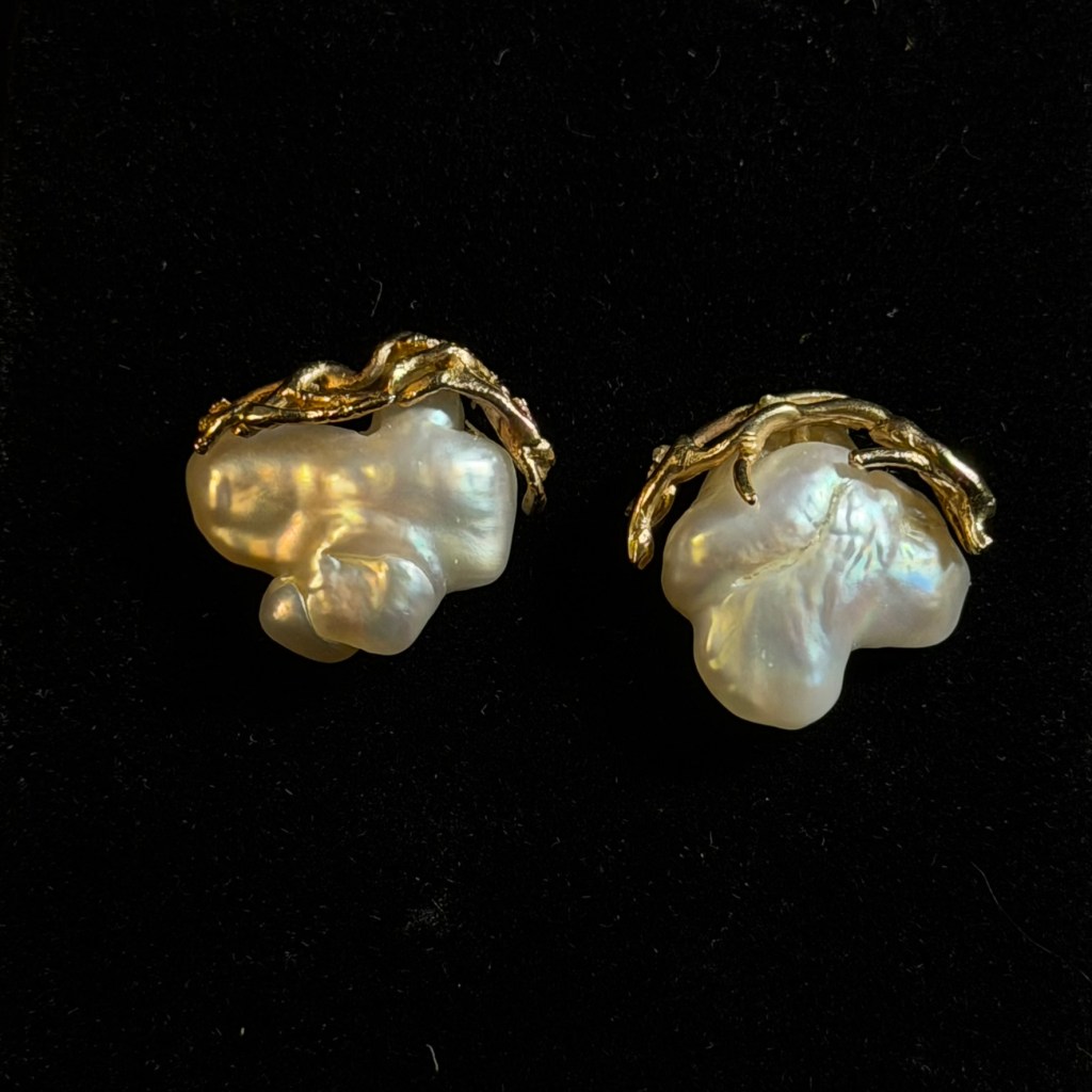 Baroque Pearl Yellow Gold Branching Post Earrings