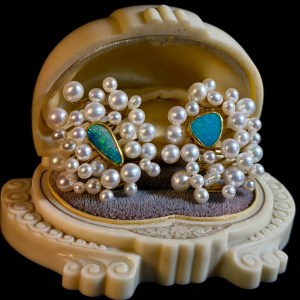 18k Yellow Gold Pearl and Opal Clip On Earrings Betsy Fuller - Image 1