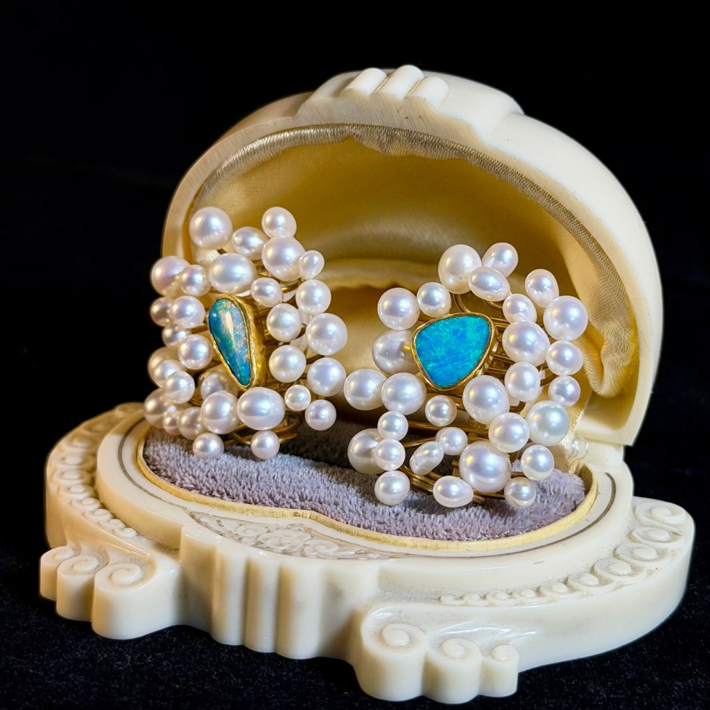 18k Yellow Gold Pearl and Opal Clip On Earrings Betsy Fuller