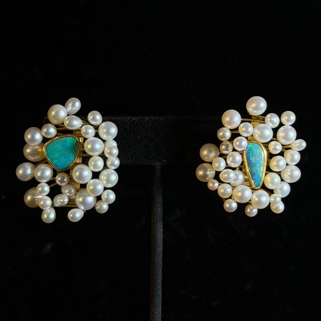 18k Yellow Gold Pearl and Opal Clip On Earrings Betsy Fuller