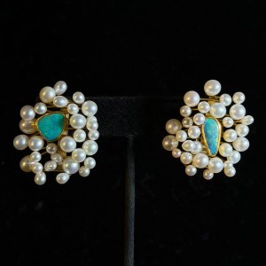 18k Yellow Gold Pearl and Opal Clip On Earrings Betsy Fuller - Image 3