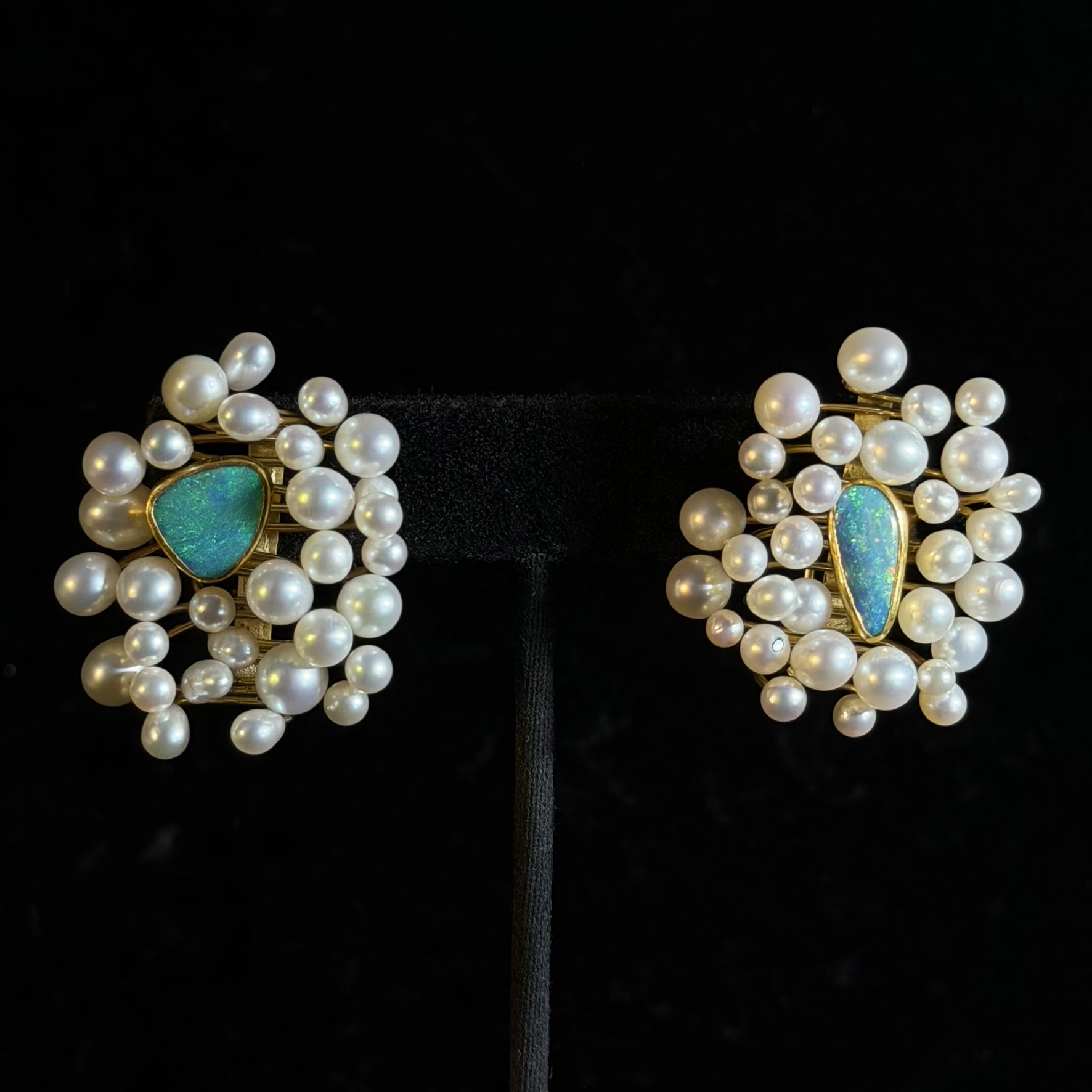 18k Yellow Gold Pearl and Opal Clip On Earrings Betsy Fuller - Image 3