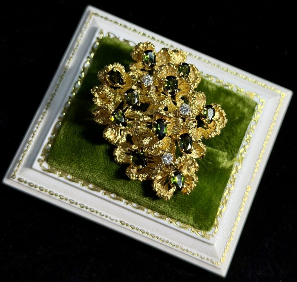 Brutalist 18k Yellow Gold Tourmaline and Diamond Pendant and Brooch