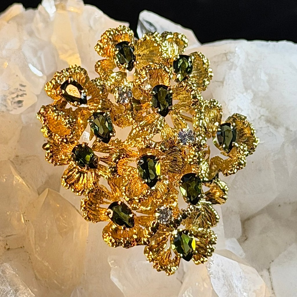 Brutalist 18k Yellow Gold Tourmaline and Diamond Pendant and Brooch
