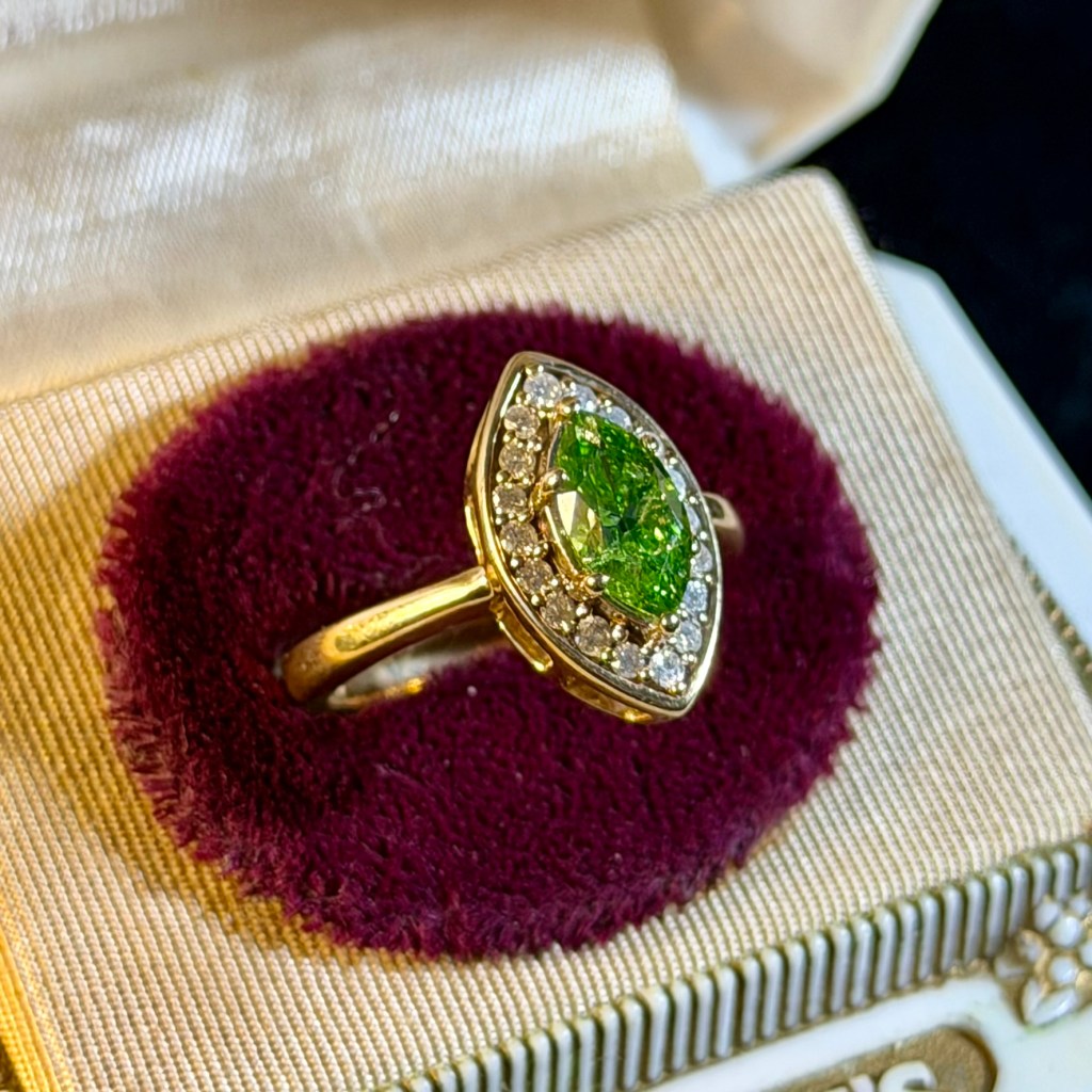 Modern 14k Irradiated Green Marquise Diamond Halo Ring