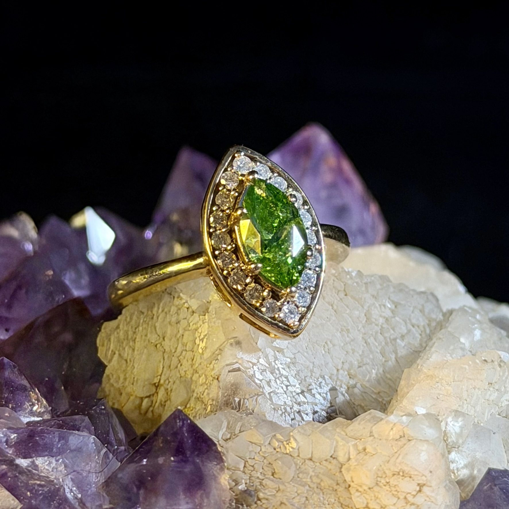 Modern 14k Irradiated Green Marquise Diamond Halo Ring - Image 1