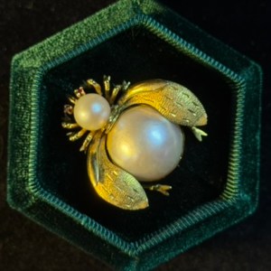 Vintage Yellow Gold Pearl and Ruby Insect Brooch - Image 2