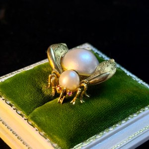 Vintage Yellow Gold Pearl and Ruby Insect Brooch - Image 1