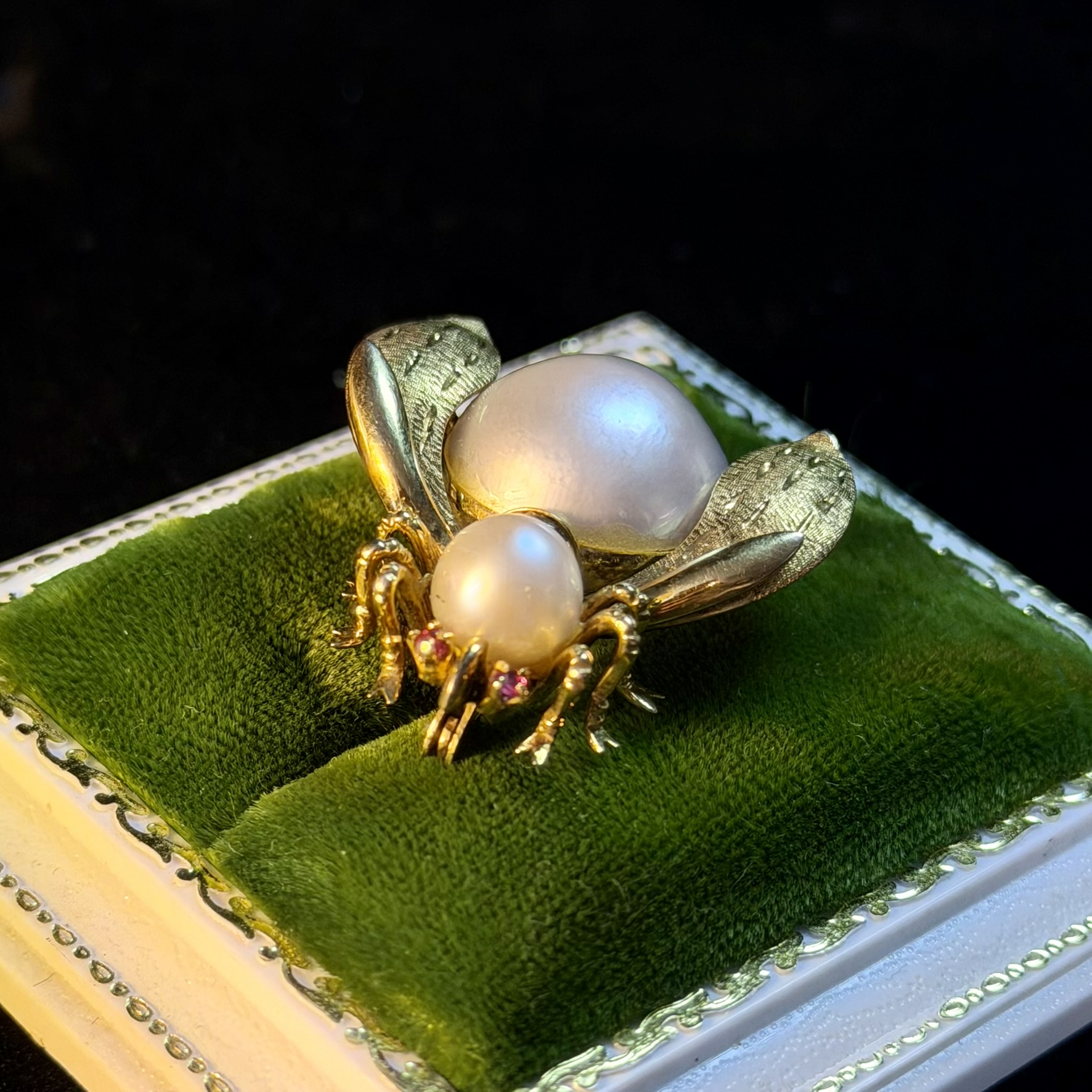 Vintage Yellow Gold Pearl and Ruby Insect Brooch - Image 1