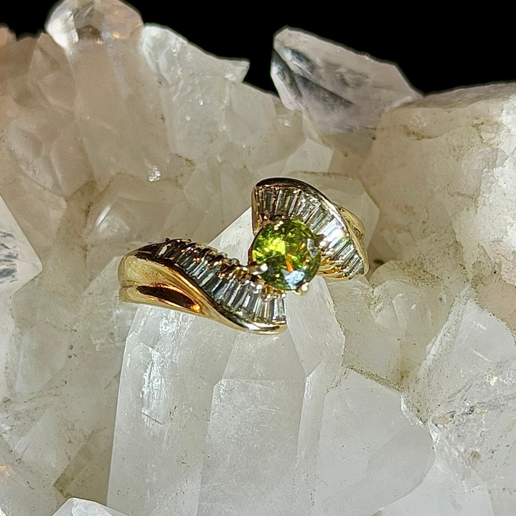 Rare Demantoid Garnet and Diamond Gold Bypass Ring