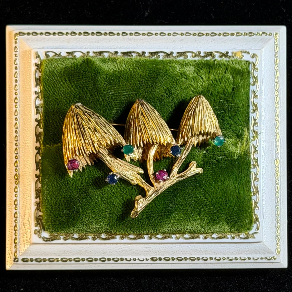 Vintage Mushroom Emerald, Ruby, and Sapphire 18k Gold Brooch